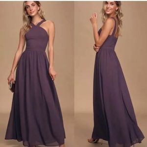 Lulu’s Air of Romance Maxi floor length Dress women purple halter straps size M